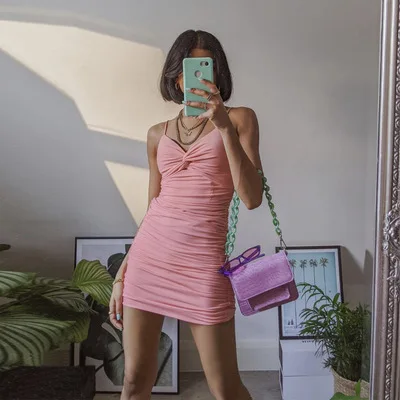 

Dress Women Solid Color Sling Summer Sexy Sleeveless Low-Cut V Neck Pleated Hip Women's Mini Dress