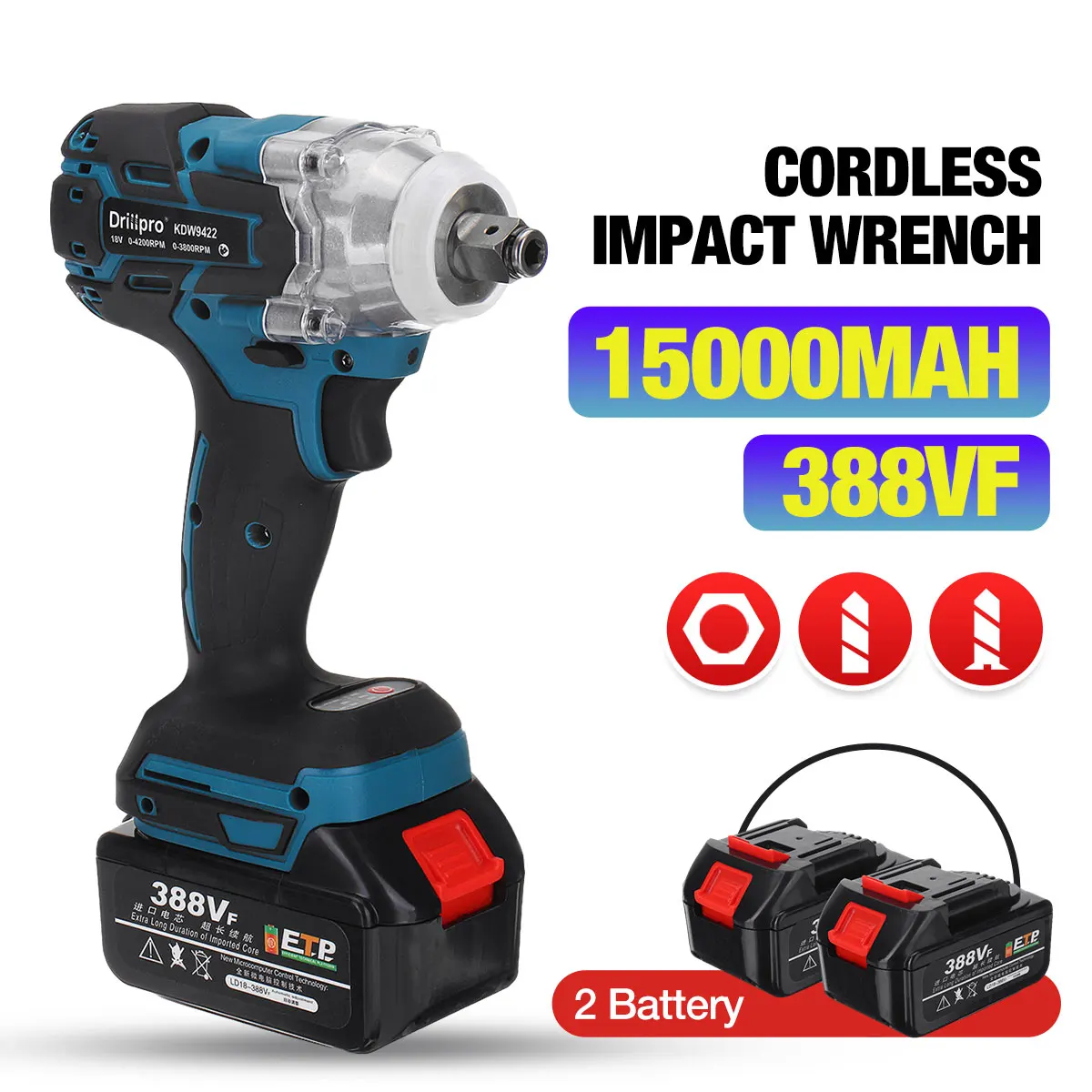 

Drillpro 388vf Brushless Cordless Electric Impact Wrench 1/2 inch Power Tool For Home 15000Amh Li Battery For Makita 18V Battery