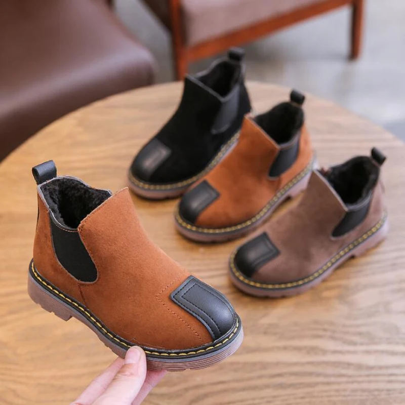 Зимние Детские кожаные ботинки теплые шерстяные короткие водонепроницаемые для