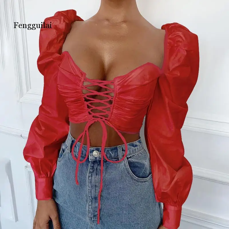 

2020 women summer cotton bandage blouse big long slush lantern sleeve adjustable lace up strap crop top White Summer