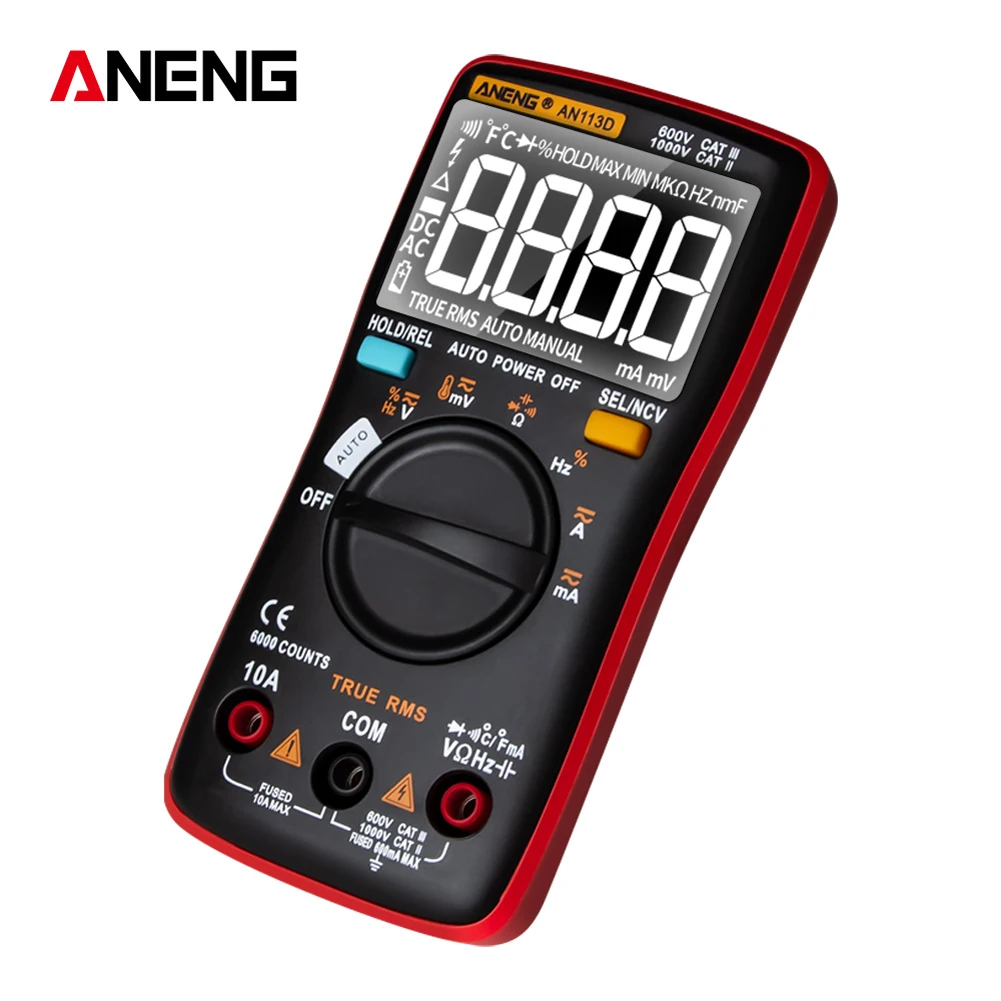 AN113D Digital Multimeter 6000 Counts Electrical Transistor Tester Temperature Auto Ranging AC/DC Voltage Meter for Electrician
