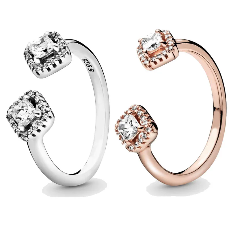 

925 Sterling Silver Pan Ring Rose Square SParkle OPen Rings With Crystal For Women Birthday Wedding Party EuroPe Jewelry