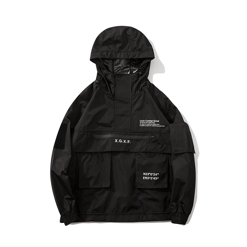 

Techwear Jacket Men Spring Streetwear Black Hooded Waterproof Windbreaker