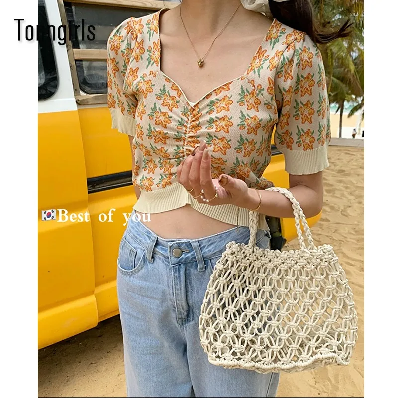 

Tonngirls Summer T Shirt Women Casual Slim T-shirt Knitted Tee Shirt Femme Korean Style Crop Top Short Sleeve Vintage Tshirts