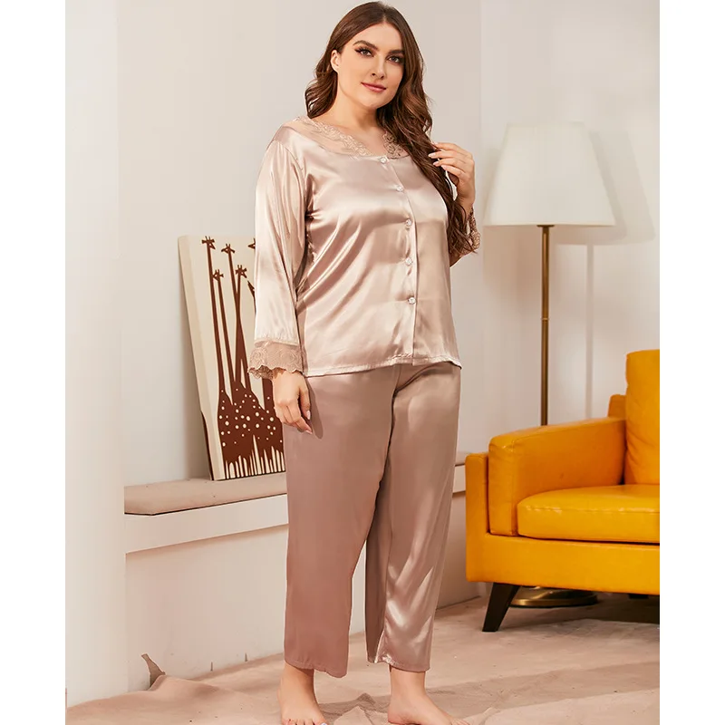 

Russia Europe And America Plus SizeLarge Size Pajamas Ladies New Lace V-neck Long-sleeved Cardigan Suit