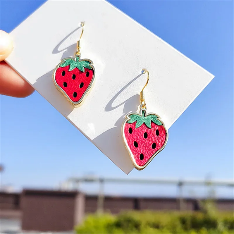 Cpop Handmade Leather Earrings for Women Gold Red Strawberry Pendant Fashion Female Jewelry Accessories Hot Sale Gift | Украшения и