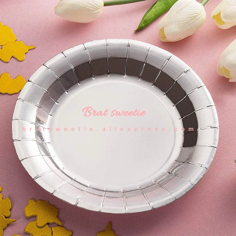 Серебристый металлик одноразовая посуда бумага соломинки тарелки для свадьбы