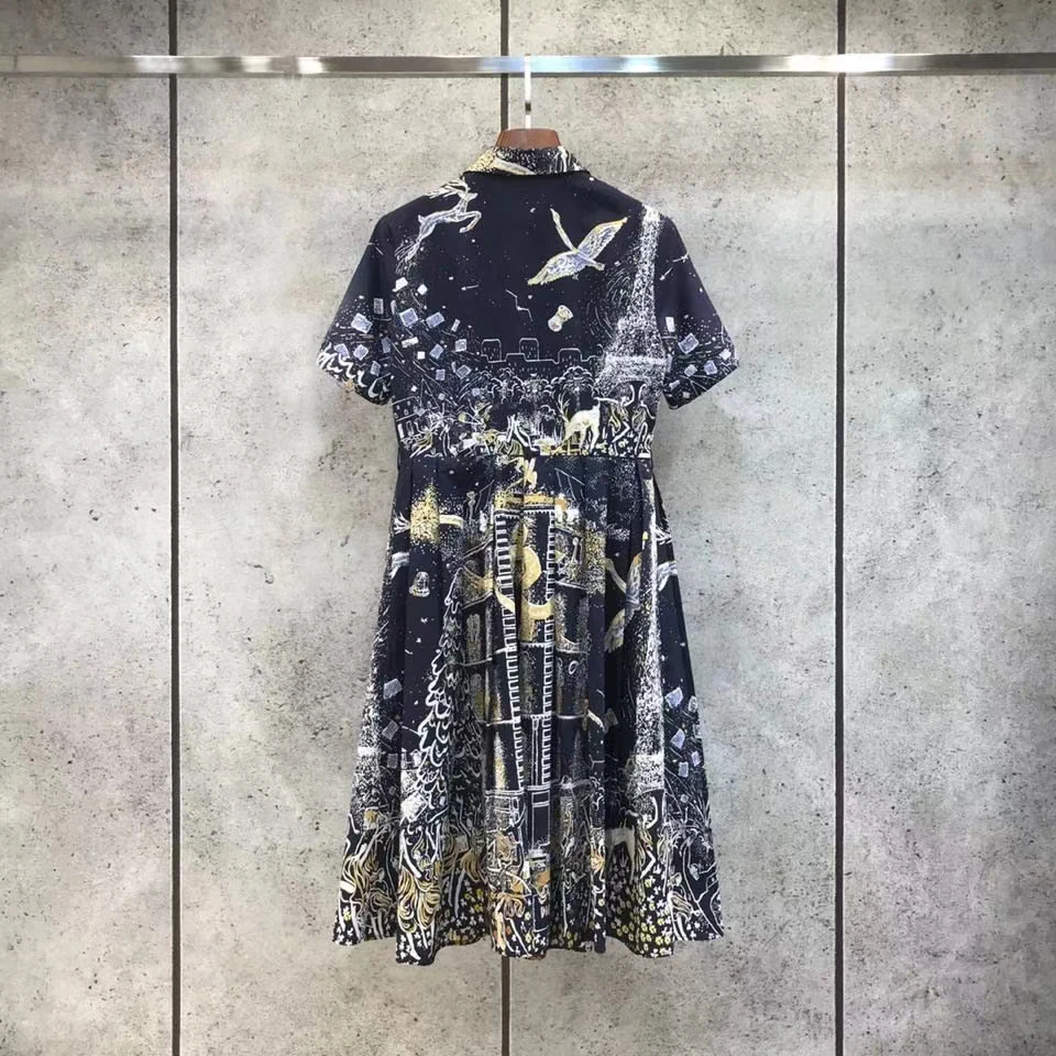 

Lady Summer 100% Cotton Dress Women Peter Pan Collar Vintage Print Dark Blue Belted Knee Length