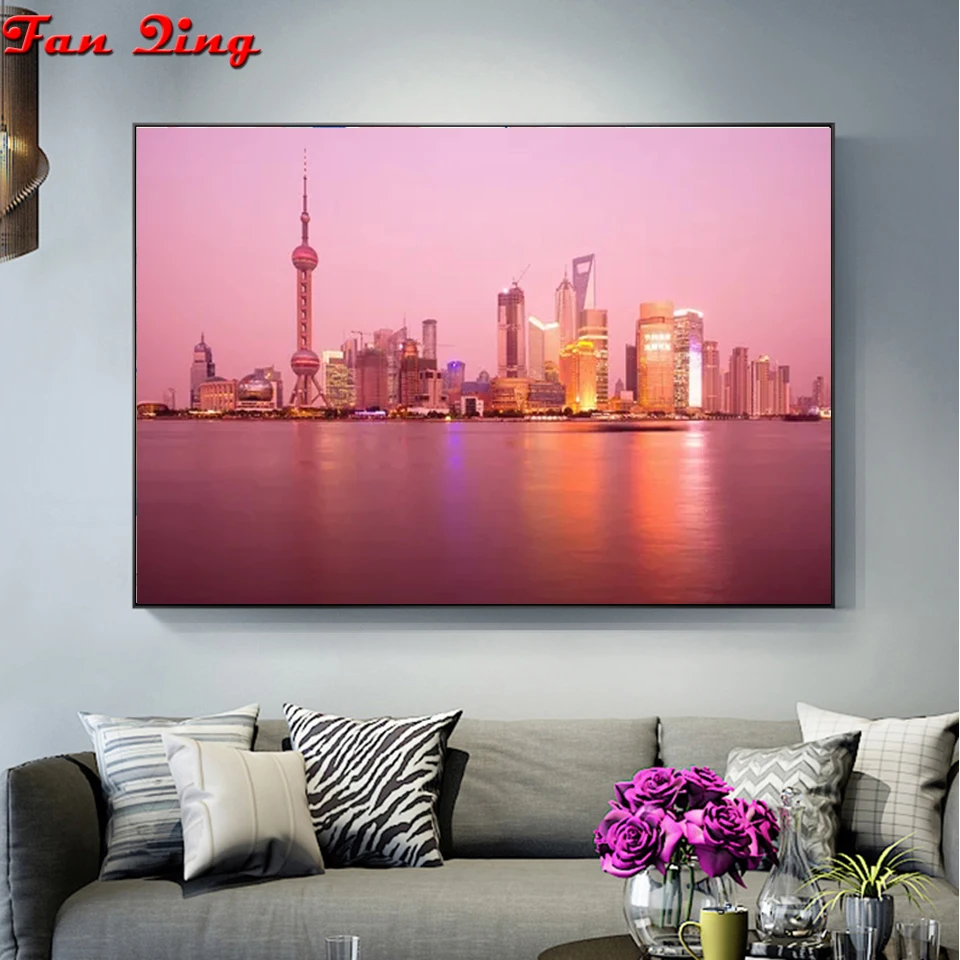 Алмазная вышивка город ночной вид Шанхай картина Стразы Настенный декор 5D