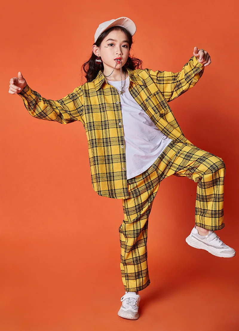 

Children's Hip-hop Jazz Dance Street Dance Performance Costume Boys Girls Hiphop Loose Long Sleeve Yellow Plaid Shirts Trousers
