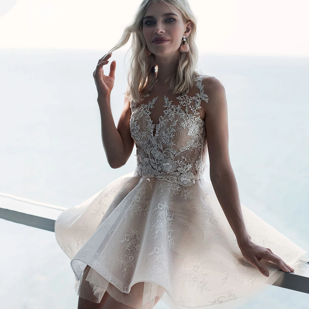 

Mini Short Wedding Dresses A-Line Charming Sleeveless Button Lace Appliques Bridal Gowns Vestidos De Noivas