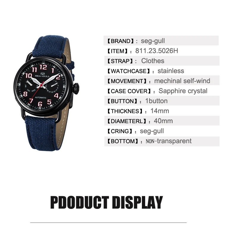 Genuine Seagull watches men 811.23.5026H Mechanical Chronograph Chinese Military men's Watch Luminous Arabic Numerals Black Dial