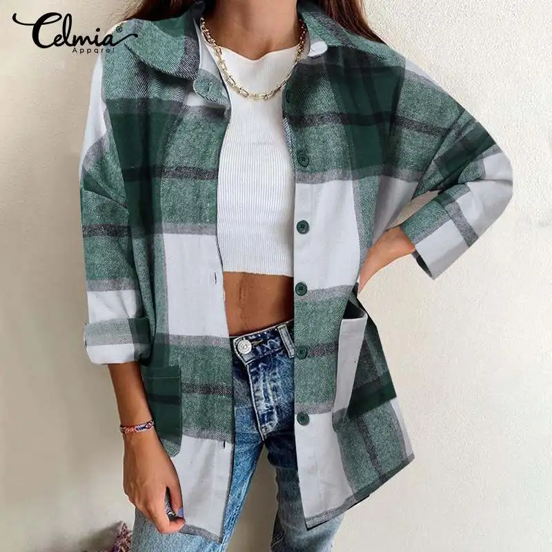 

Модная рубашка с отложным воротником и длинными рукавами Celmia, осень 2022, Женская клетчатая рубашка с принтом, Повседневная Свободная верхняя...