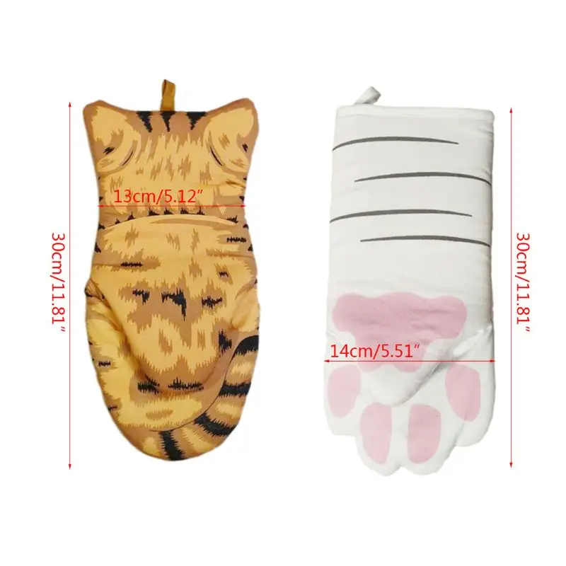 

449C 3D Cartoon Cat Paws Oven Mitten Long Cotton Baking Insulation Gloves Microwave Heat Resistant Non-slip Gloves