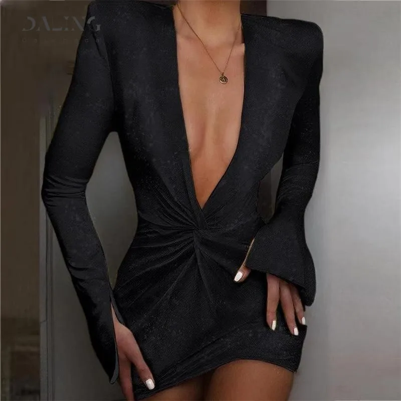 

Sexy Deep V Neck Long Sleeve Dress Elegant Autumn Winter Bodycon Blazer Dress Women Ruched Club Satin Mini Party Dress Bandage