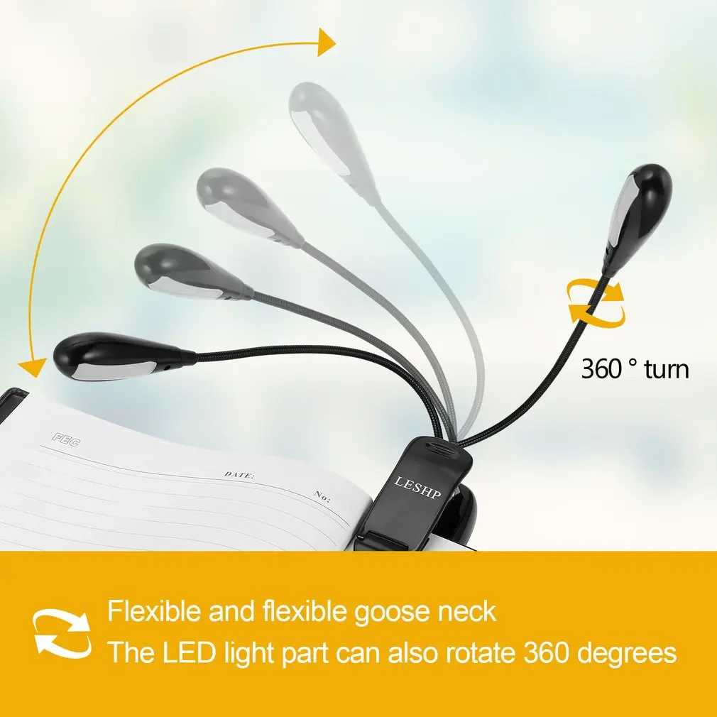 

LESHP 8LED Book Light Double Pole Clip On Music Stand Light Rechargeable Dimmable Adjustable Neck Built-in 1000mAh Battery