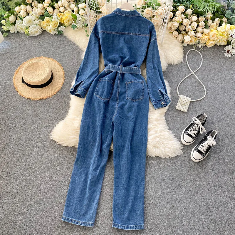 OCEANLOVE Autumn Denim Jumpsuits Women Solid Bandage Cool 2021 Ropa Mujer Korean Style Vintage Bodysuit Fashion High Waist 17690 | Женская