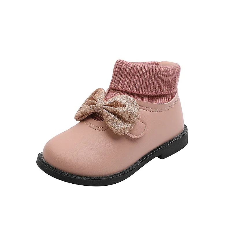 

Sock Leather Boots 2022 Autumn and Winter New Girl Princess Wool Short Boots Kids Chic Sweet Bow-knot Fashion Warm School Shoes