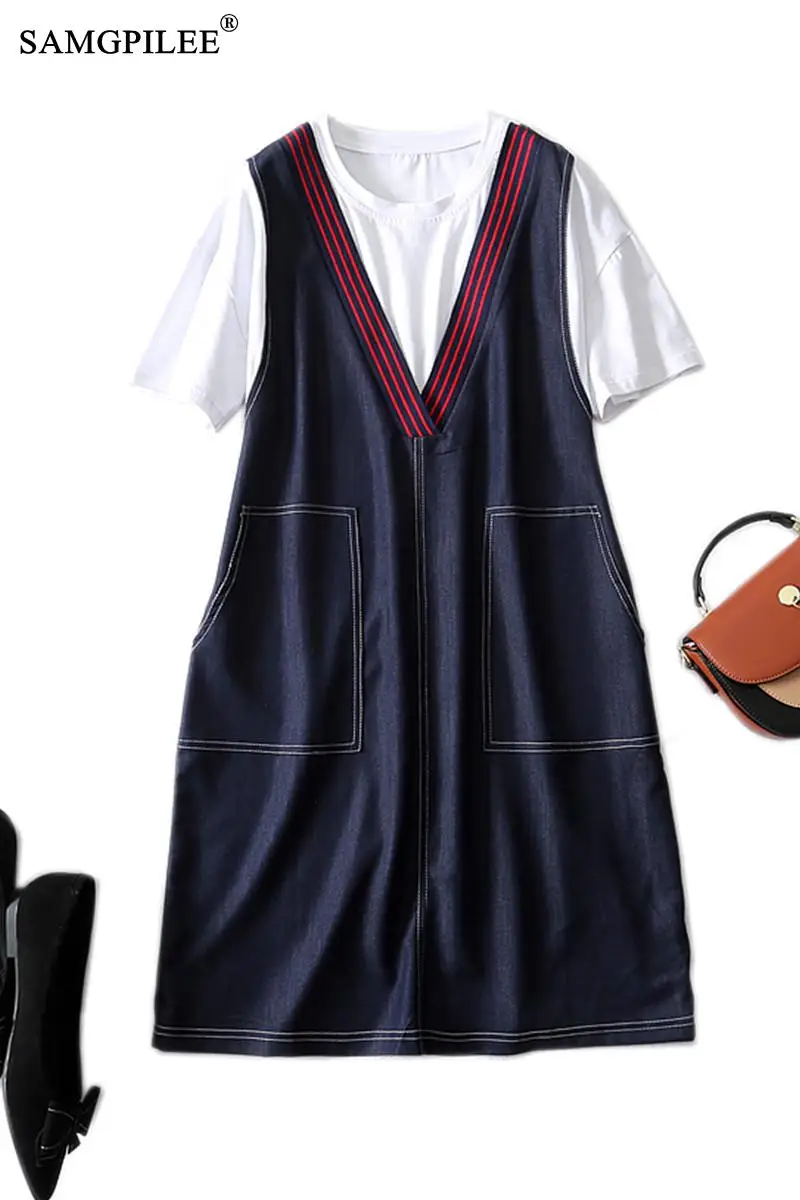 

Summer Clothes For Women 2021 New Office Lady A-line Patchwork Short Sleeve Knee-length O-neck Fake Two Piece Dress Woman 4XL