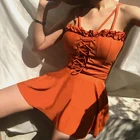 Женский слитный купальник в Корейском стиле, однотонный бандажный купальник с юбкой и завязками на плечах, для похудения