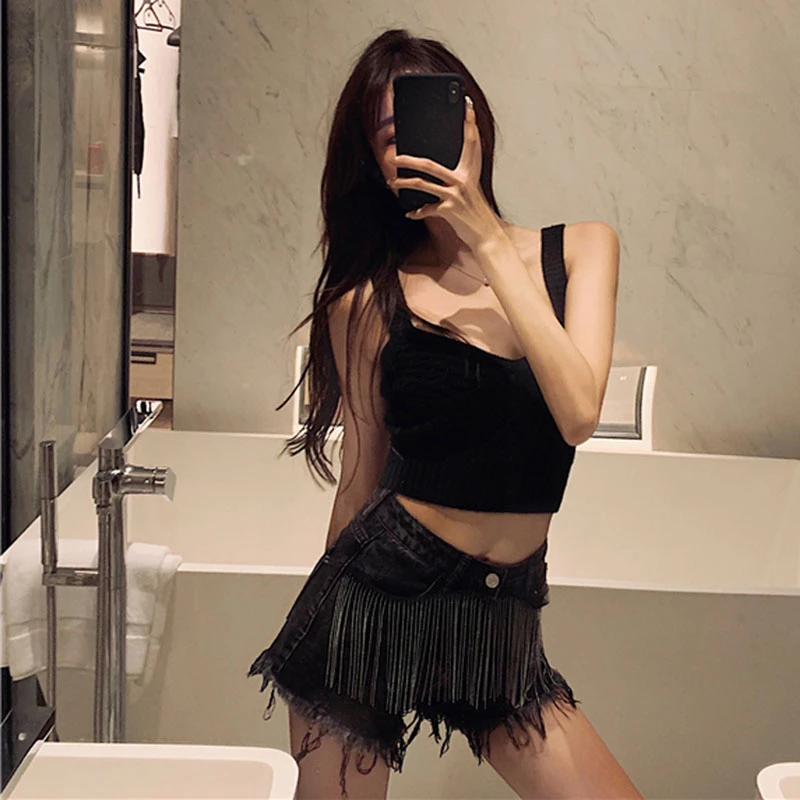 tassel  denim shorts tassel hole jeans  Diamond Beads High Waist Jeans Cowboy Shorts Female Fasjion Hole Shorts women black