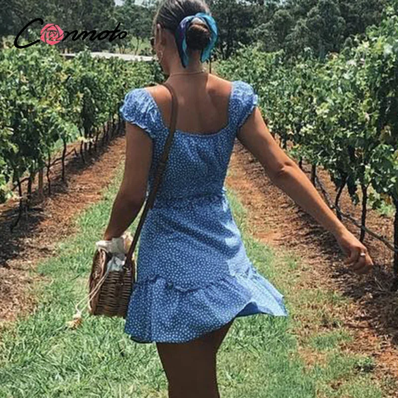 Conmoto Винтажное короткое платье в горошек летнее с высокой талией сексуальное