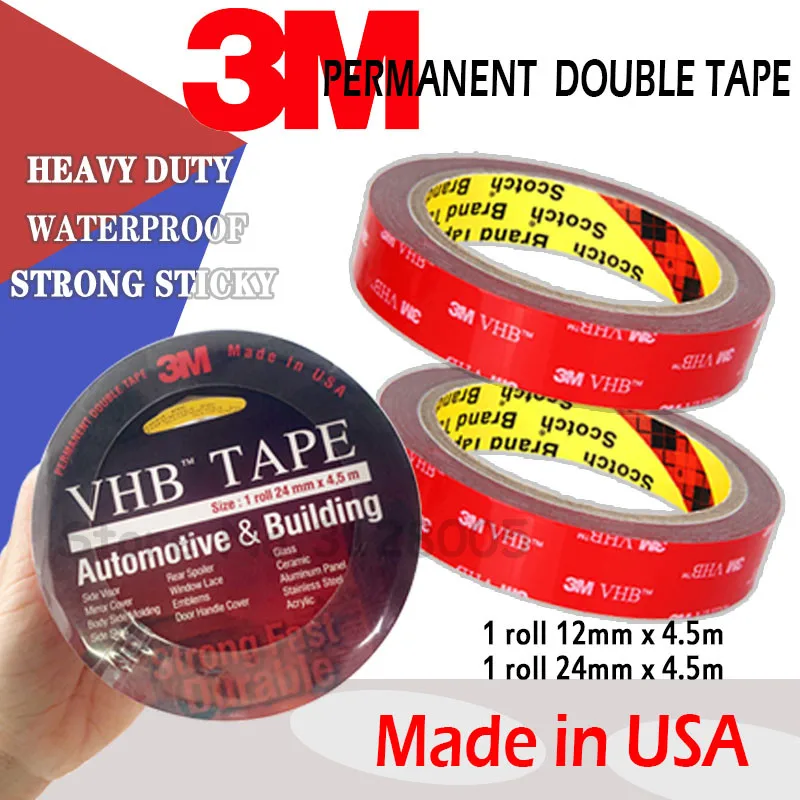 

3M Original VHB Permanent Double Sided Tape USA 24/12mm X 4.5m Acrylic Foam Tape Automotive & Building/Rear Spoiler/Body Emblem