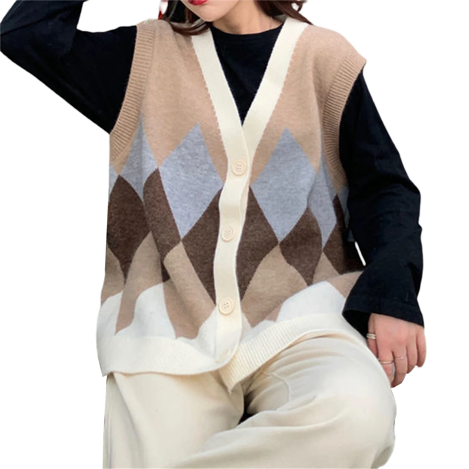 

Women\u2019s Casual Sleeveless Knitted Cardigan Fashion Rhombus Pattern V-neck Single-breasted Vest