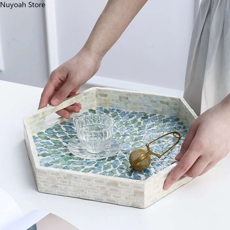 

European Style Light Luxury Style Color Shell Tea Tray Home Fruit Tray Desktop Creative Handmade Shell Decoration Tray Storage