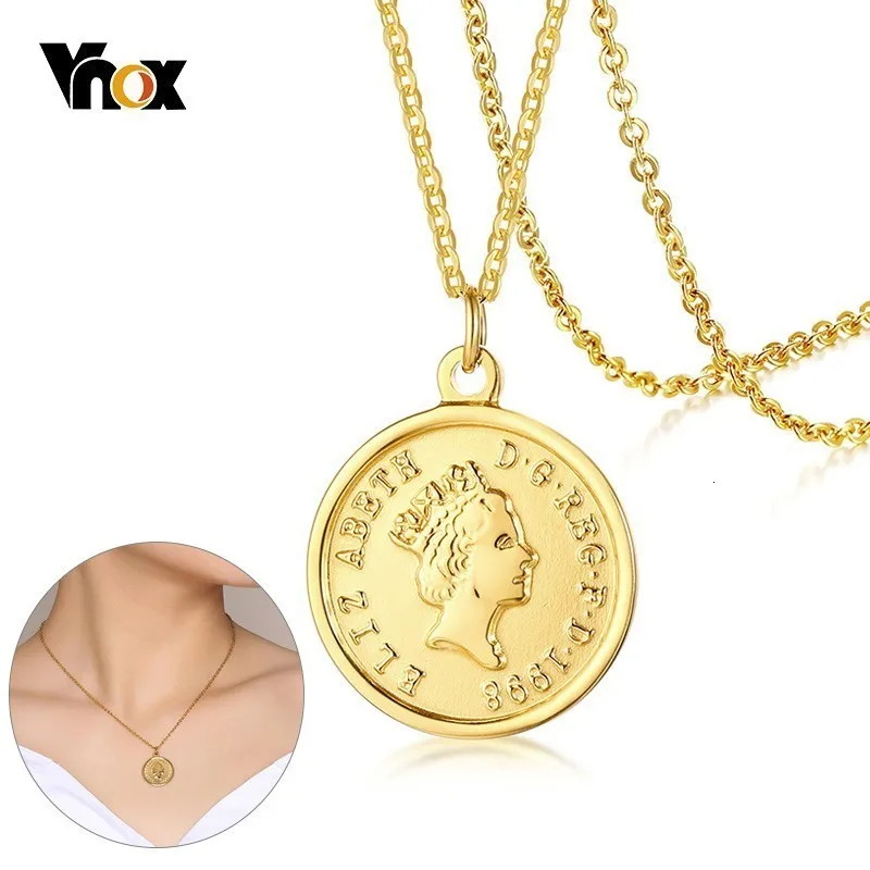 Vnox British Queen Elizabeth Coin Necklaces for Women Gold Tone Stainless Steel Adjustable Length Chic Necklace Dropship