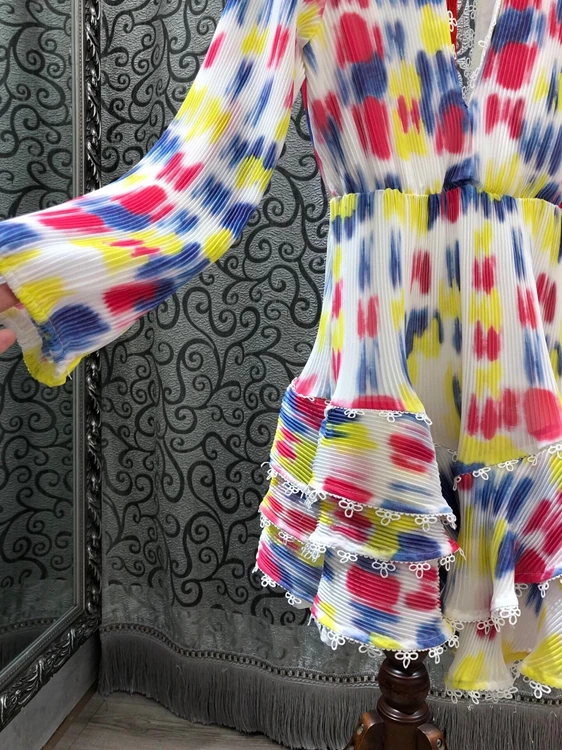 

Hollow Out Sexy Dress New 2021 Spring Summer Clothing Women Color Block Patchwork Long Sleeve Cascading Ruffle Dress Club Wear