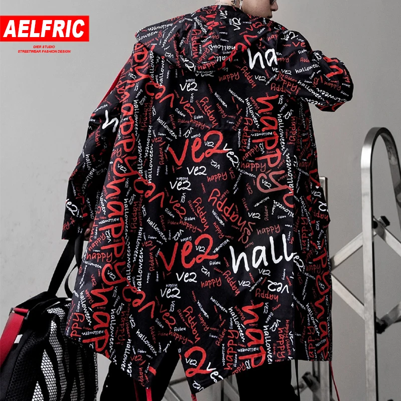 AELFRIC удлиненная куртка Тренч для мужчин с буквенным принтом модная ветровка Harajuku для ночного клуба пальто Мужская Повседневная Верхняя одежда KJ166