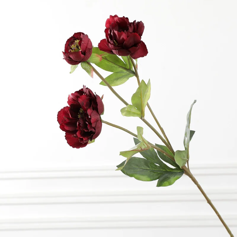 Wine red 3 головки Роза Пион филиал шелк искусственный Цветы на Рождество осень свадебное украшение Флорес домашний декор поддельные цветы - Цвет: Wine red