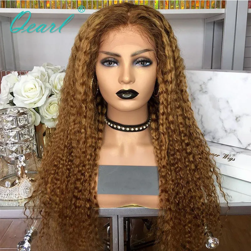 

Lace Front Wig Honey Blonde Human Hair Lace Wigs Kinky Curly Frontal Remy Hair 150% Density 13x4 Preplucked Bleached Knots Qearl