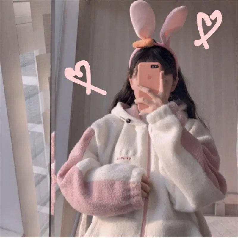 

Autumn Winter New Patchwork Fleece Jackets Women Hooded Coat Warm Oversized Streetwear Loose Cute Sweetshirt With Pockets