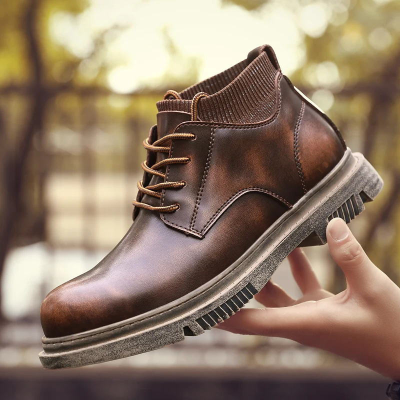 Ботинки мужские из натуральной кожи на шнуровке Нескользящие меховые удобные