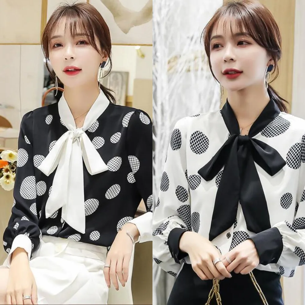 

New Spring Women Long Sleeve Dot Shirts Female Streetwear Slim Chiffon Blouse Tops Mujer De Moda