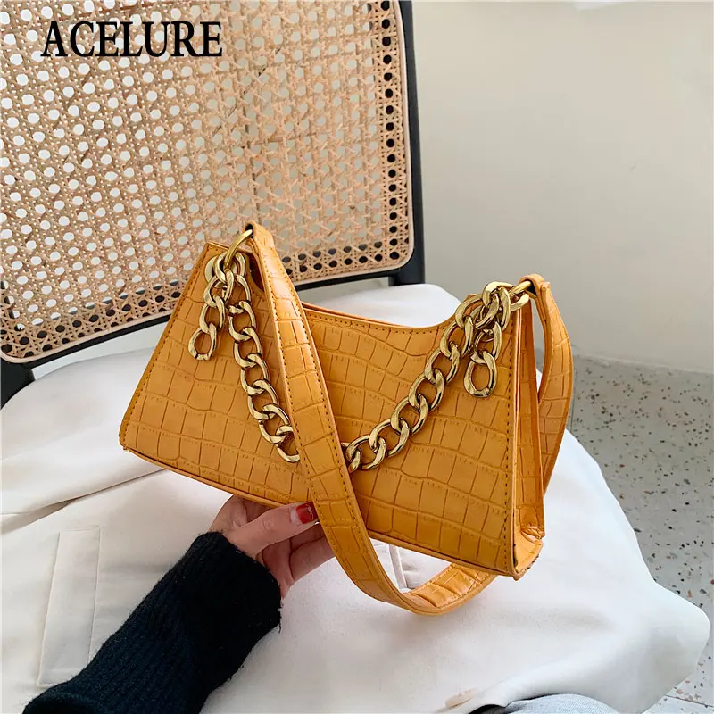 

ACELURE High Quality Metal Chain Shoulder Bag for Women Fashion Solid Color PU Leather Small Crossbody Bags Ladies Handbag Flap
