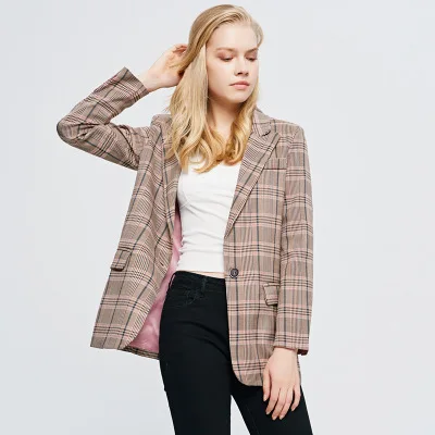 Autumn Winter New Women's Jacket Plaid Casual Lattice Long-Sleeved Straight Blazer Fashion Small Suit Female ZZZ154 - Цвет: Pink