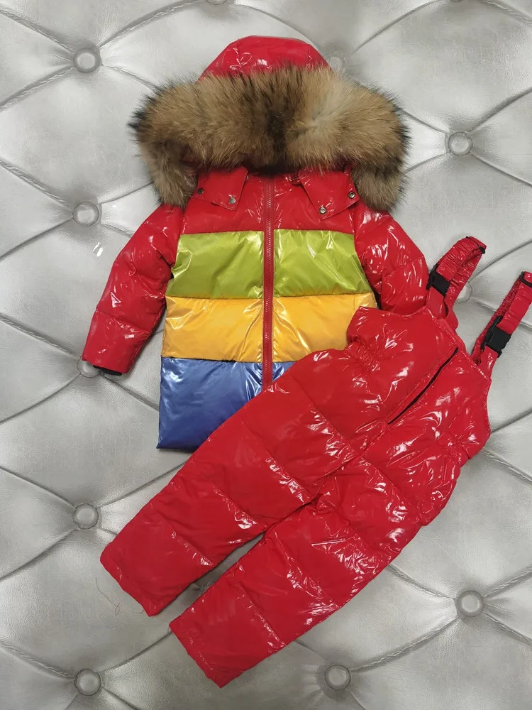 

Big fur children's down suit winter 2021 fashion thick down jacket color matching jacket + pants