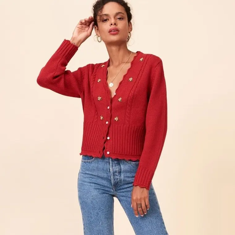 Осень и зима новые женские кардиганы с v-образным вырезом и цветочной вышивкой