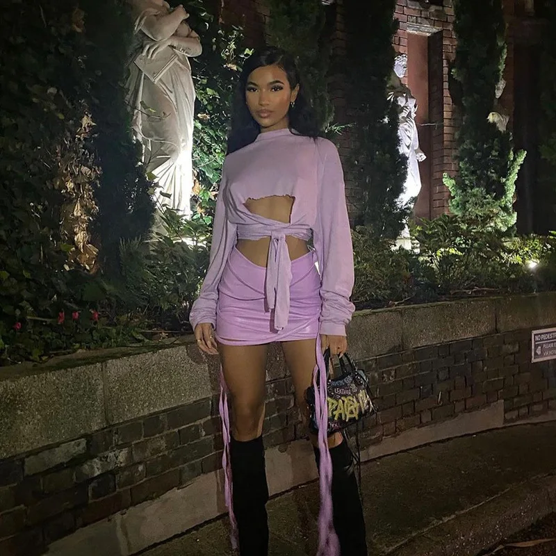 

New Women Sexy Tassel T-shirt Long Sleeve Top Cropped Bandage Tops Purple Clothes Shirt Vintage Tshirt Tee Y2k Women Clothing