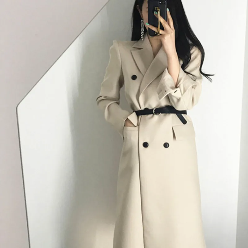 Новый осенний Длинный блейзер для женщин элегантное модное пальто на пуговицах с