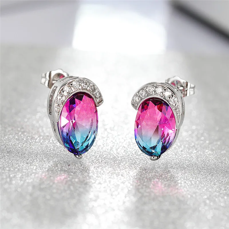 

Luxury Female Blue Oval Stud Earrings Silver Color Rainbow Stone Earrings For Women Vintage Minimalist Wedding Earrings