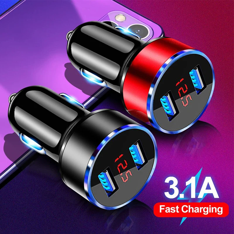 

3.1A Dual Port USB Car Charger LED Display Fast Charging Smart Phone Socket Mobie Phone Charge Adapters For iPhone 12 Xiaomi 11