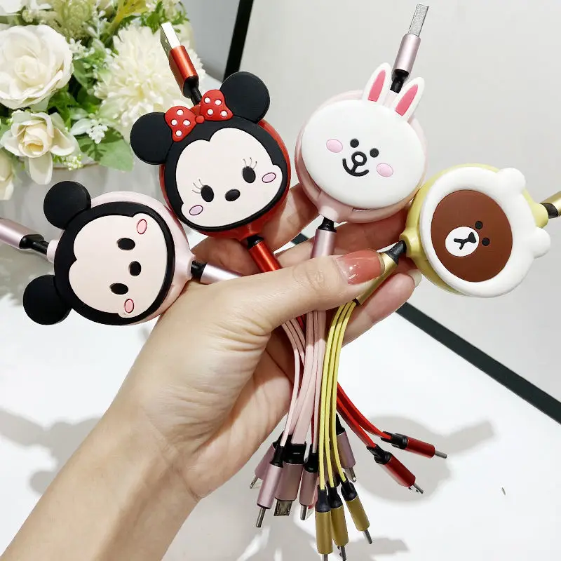 

Disney Mickey 3 in 1 Retractable USB Cable For iPhone Charging Charger Micro For Android Type C Mobile Phone Cables