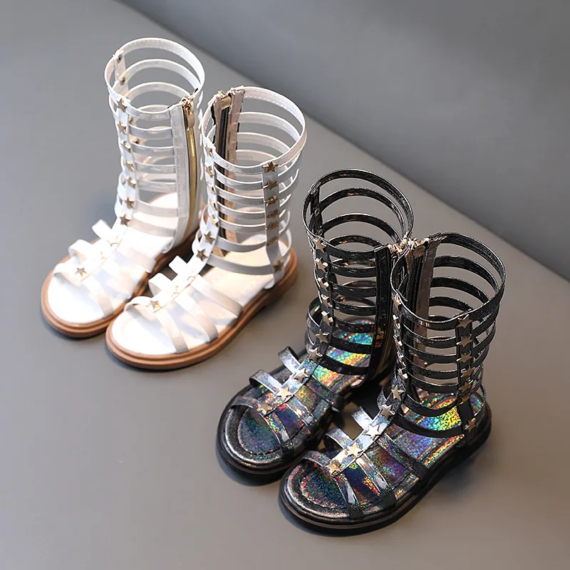 

Pretty Children Girls Sandal Glitter Star Summer Beach Shoes Knee High Top Gladitor Sandals Girls Beautiful Martin Boots E04163