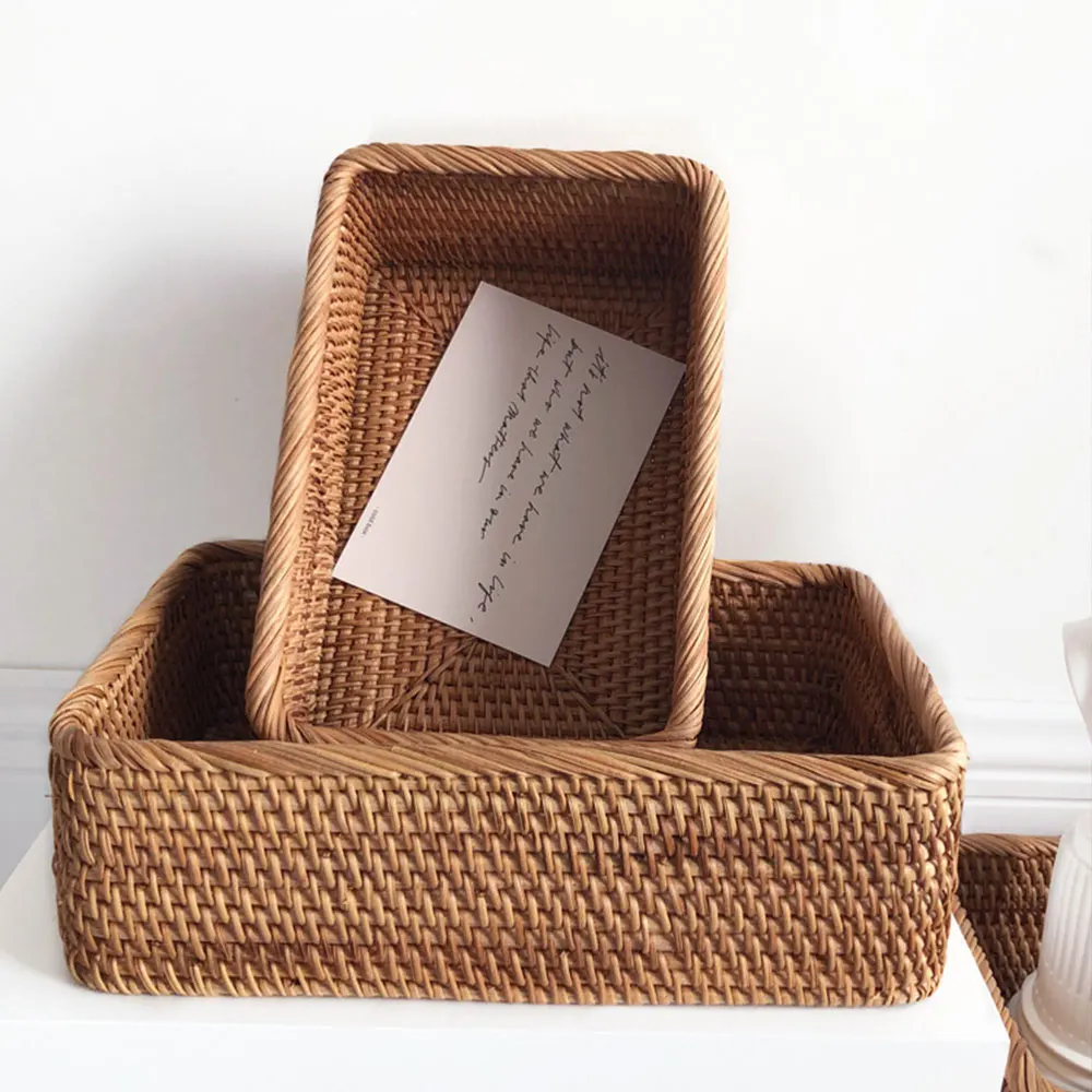 

Hand-Woven Rectangular Rattan Wicker Basket Fruit Tea Snack Bread Picnic Cosmetic Storage Box Kitchen Supplies Household Tools