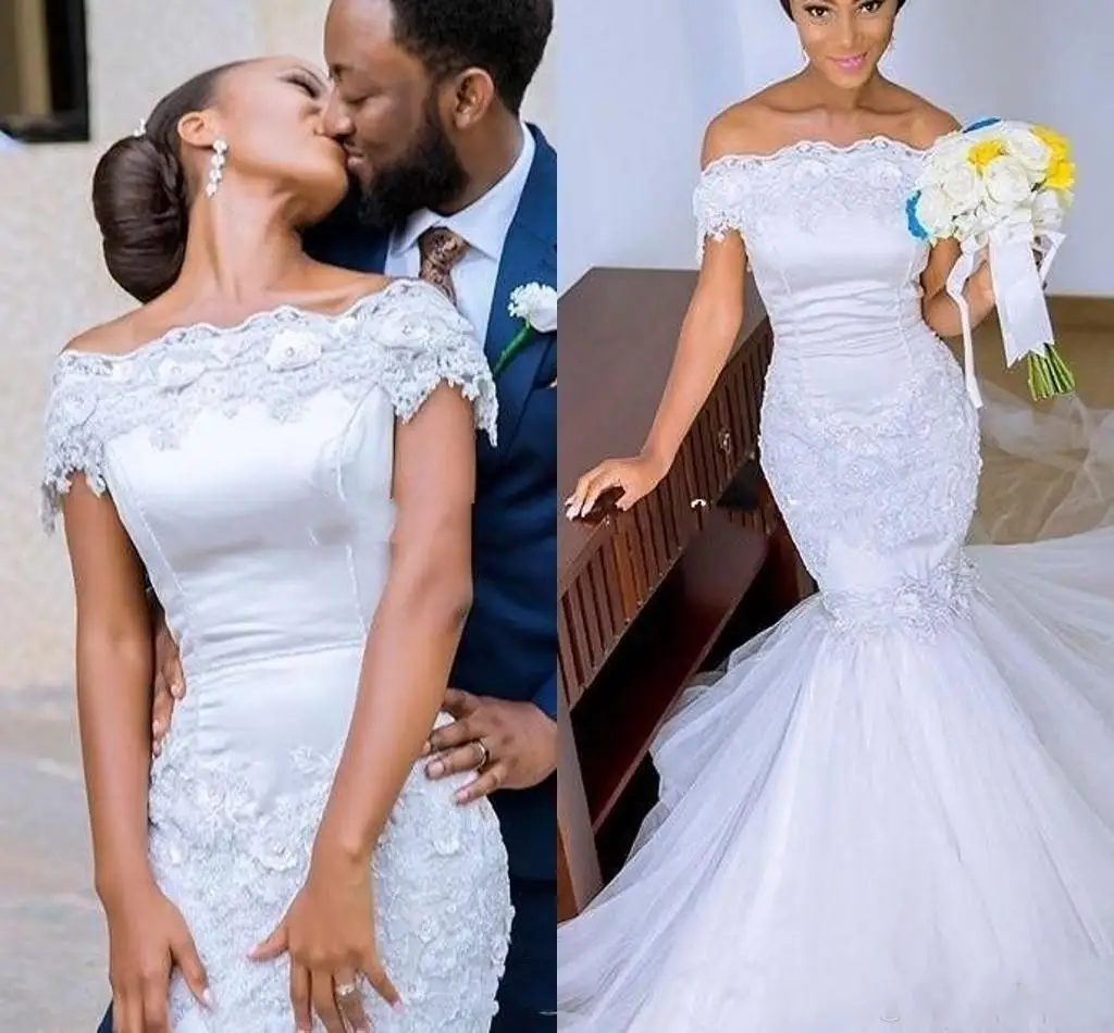 

Romantic Off The Shoulder Wedding Dresses Lace Appliques Mermaid Bridal Gowns Tulle Sweep Train Backless South African