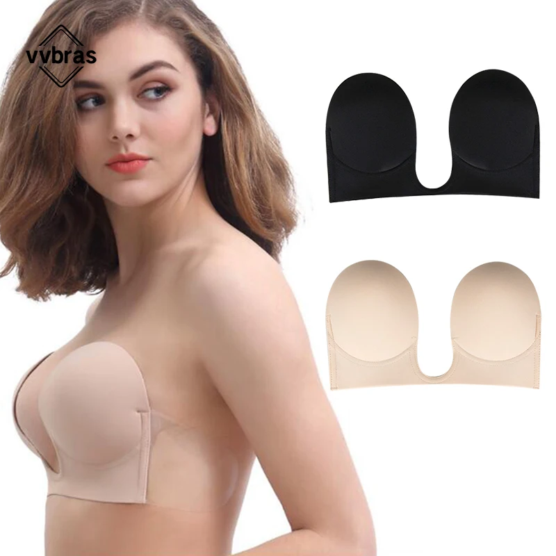 

vvbras Invisible Push Up Bra Strapless Bra Dress Wedding Sticky Self-adhesive Silicone Brassiere Breathable Deep U Bra Underwear